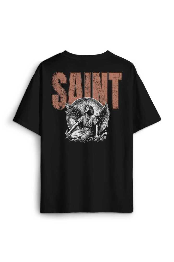 Saint Gothic Kutsal Melek Angel Baskılı Siyah Unisex Oversize Tişört (1)