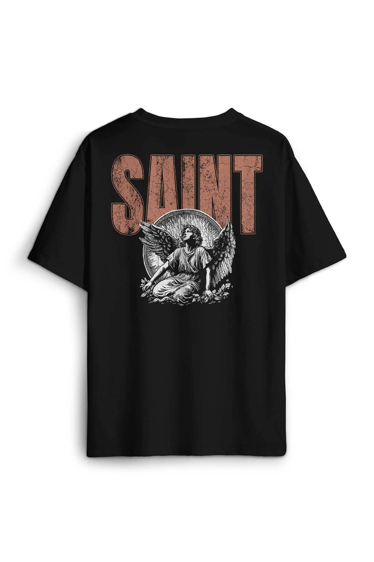Saint Gothic Kutsal Melek Angel Baskılı Siyah Unisex Oversize Tişört (1)