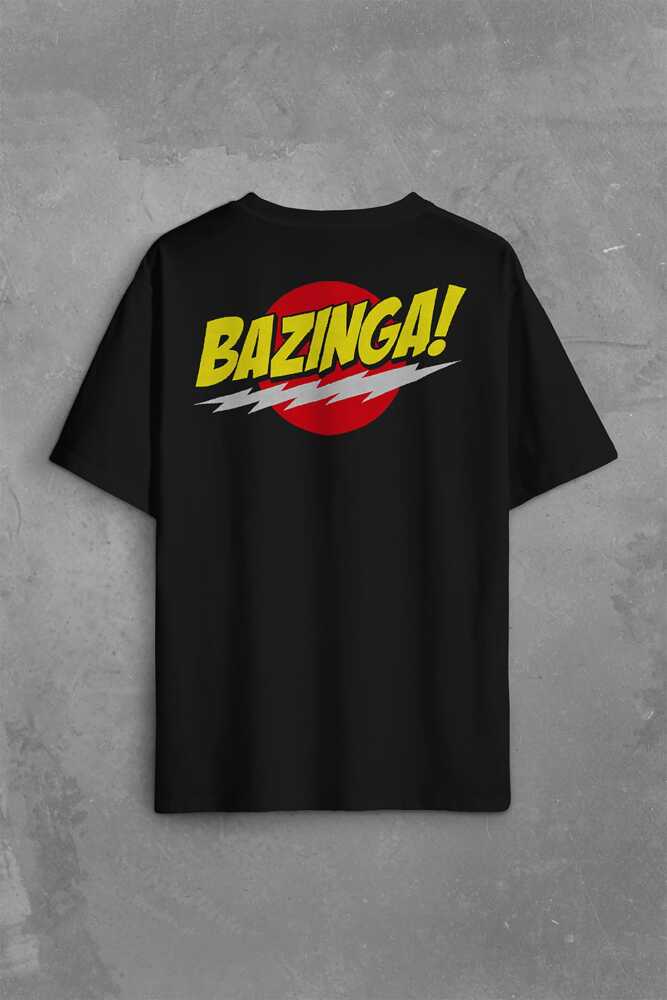 Bazinga Şaka The Big Bang Theory Sheldon Cooper Sırt Ön Baskılı Siyah Oversize Tişört Unisex (1)