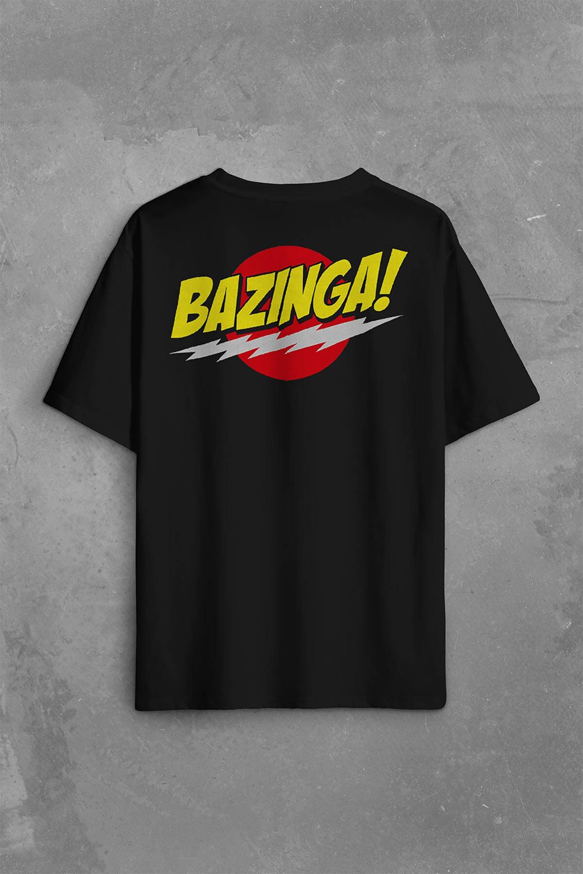 Bazinga Şaka The Big Bang Theory Sheldon Cooper Sırt Ön Baskılı Siyah Oversize Tişört Unisex (1)