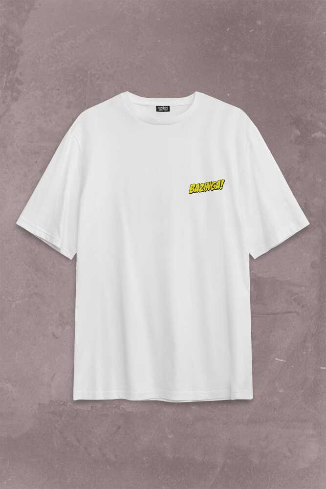 Bazinga Şaka The Big Bang Theory Sheldon Cooper Sırt Ön Baskılı Beyaz Oversize Tişört Unisex