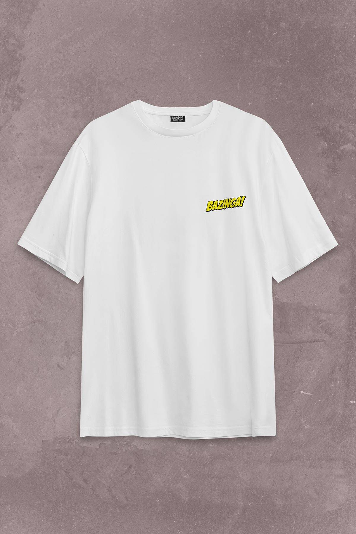 Bazinga Şaka The Big Bang Theory Sheldon Cooper Sırt Ön Baskılı Beyaz Oversize Tişört Unisex