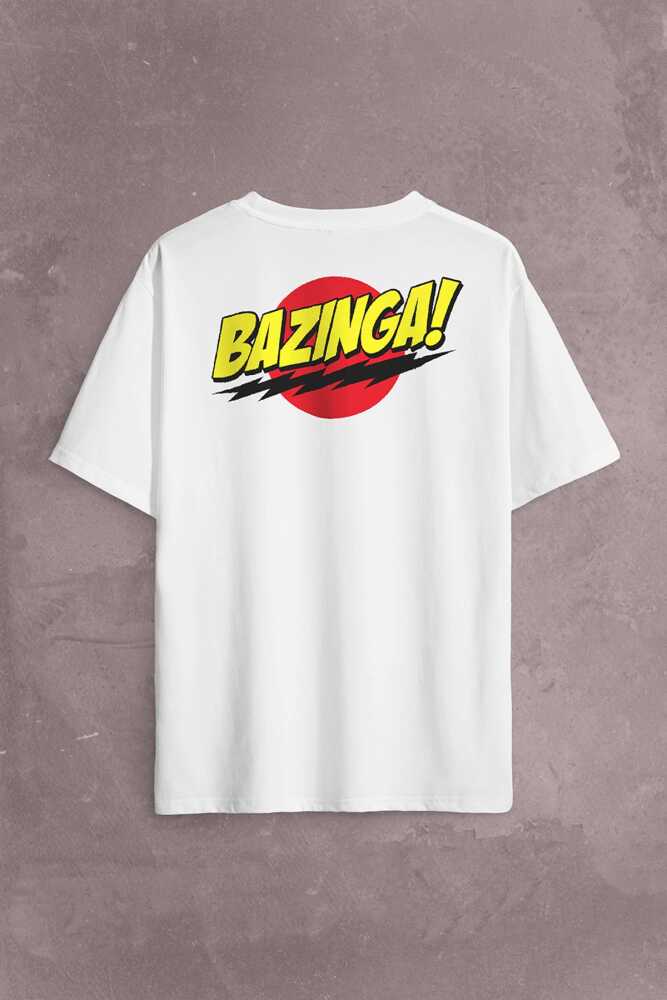 Bazinga Şaka The Big Bang Theory Sheldon Cooper Sırt Ön Baskılı Beyaz Oversize Tişört Unisex (1)