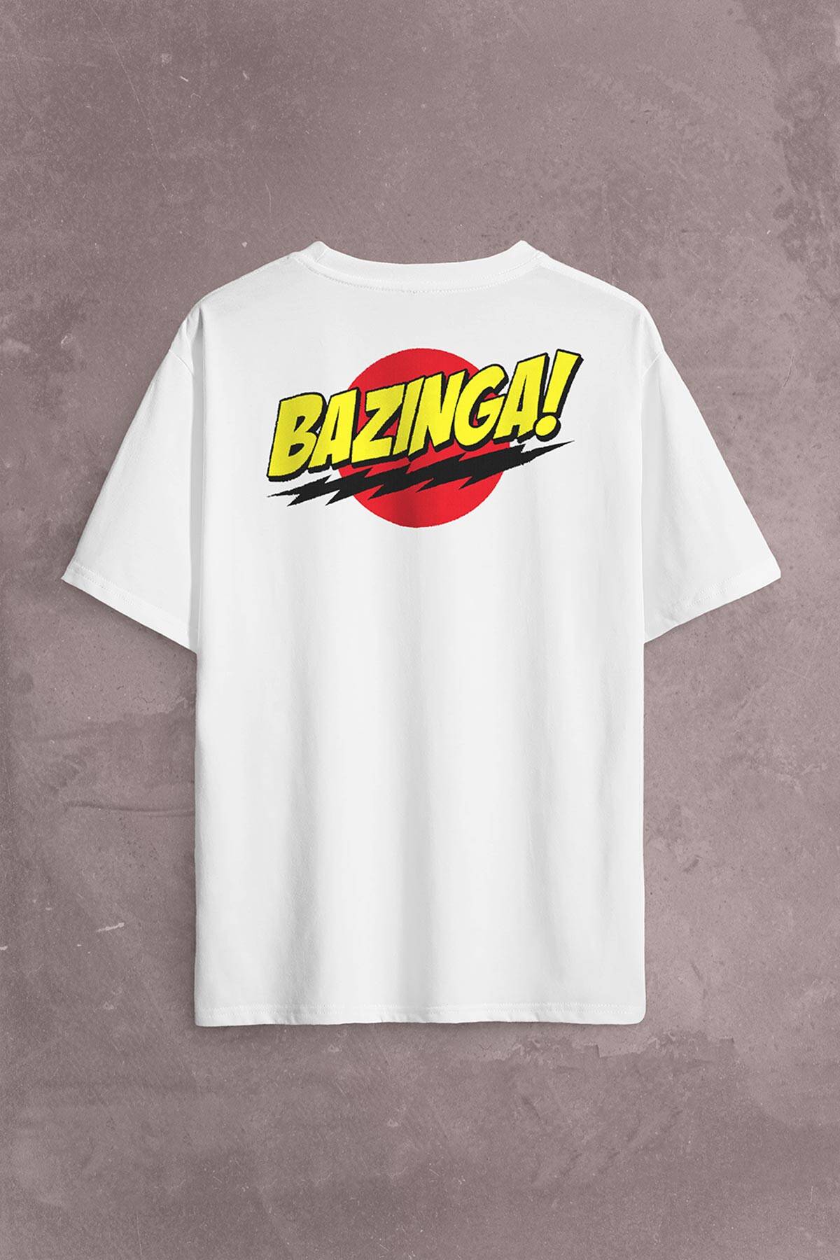 Bazinga Şaka The Big Bang Theory Sheldon Cooper Sırt Ön Baskılı Beyaz Oversize Tişört Unisex (1)
