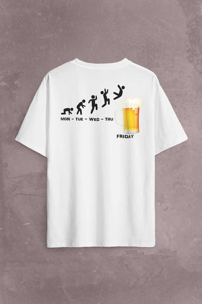 Beer Week Friday Weekend Bira Alkol Hafta Sonu Tatili Sırt Ön Baskılı Beyaz Oversize Tişört Unisex