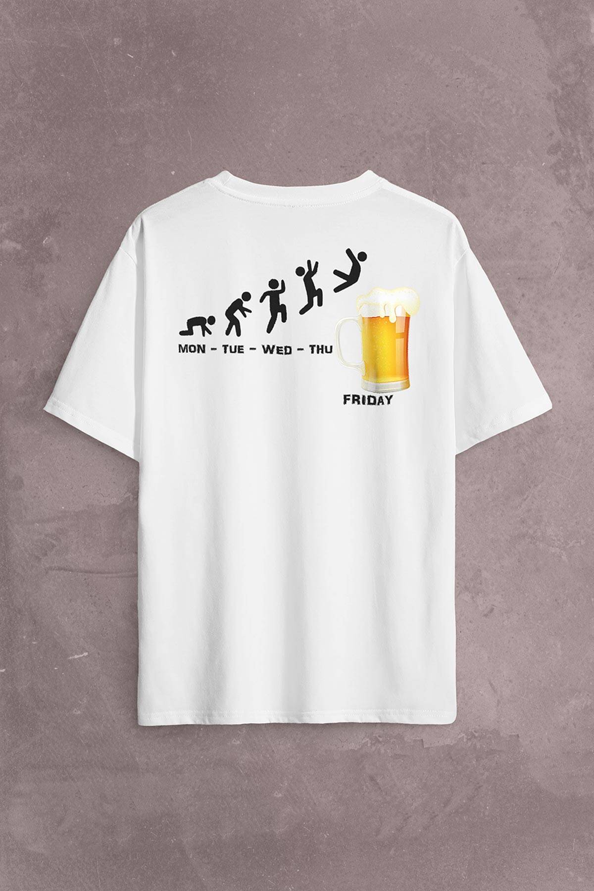 Beer Week Friday Weekend Bira Alkol Hafta Sonu Tatili Sırt Ön Baskılı Beyaz Oversize Tişört Unisex