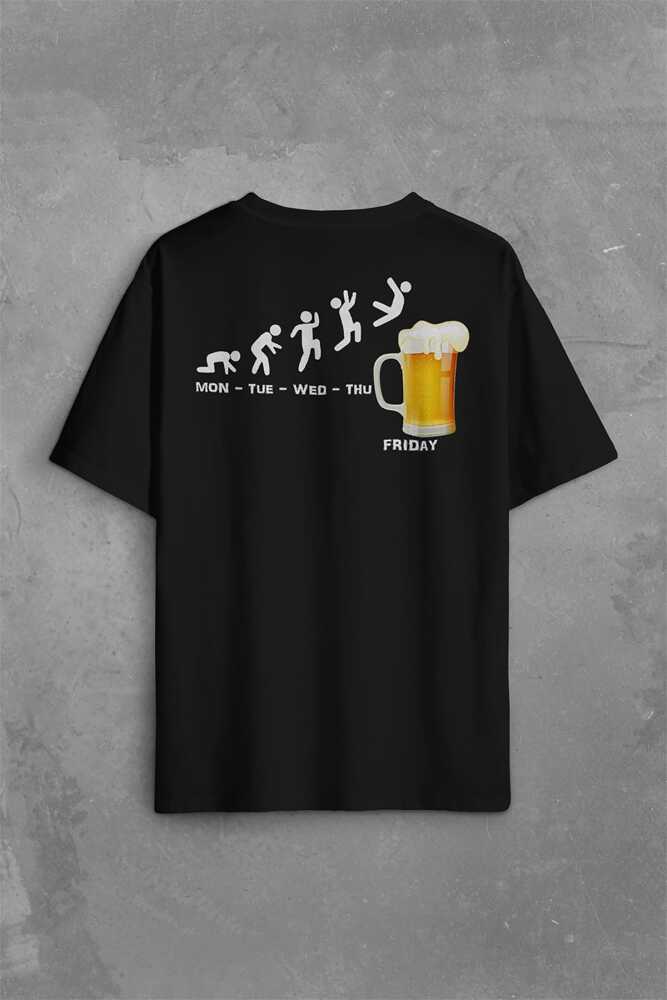 Beer Week Friday Weekend Bira Alkol Hafta Sonu Tatili Sırt Ön Baskılı Siyah Oversize Tişört Unisex