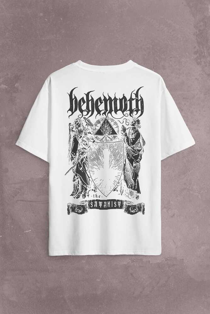 Behemoth The Satanist Ben Sahar Sırt Ön Baskılı Beyaz Oversize Tişört Unisex (1)