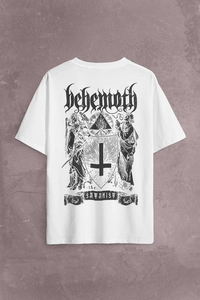 Behemoth Black Metal The Satanist Ben Sahar Sırt Ön Baskılı Beyaz Oversize Tişört Unisex (1)