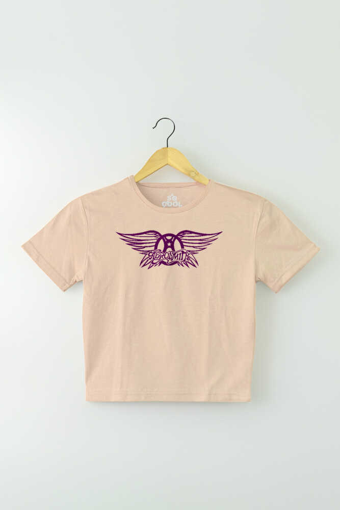 Bej Renk Aerosmith Black On Black Wings Baskılı Kadın Crop Tişört Baby Tee