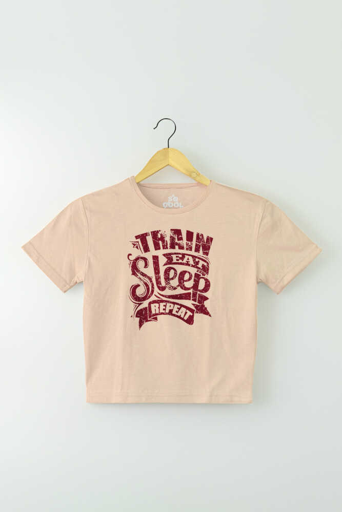 Bej Renk Eat Sleep Train Repeat Baskılı Kadın Crop Tişört Baby Tee