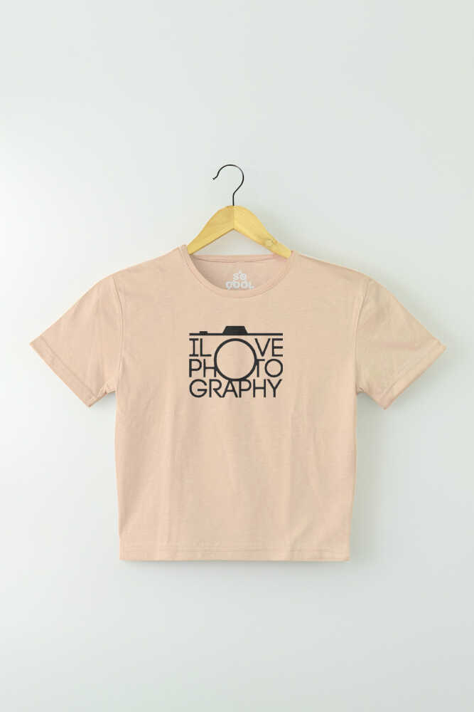 Bej Renk I Love Photography Fotoğrafçı Baskılı Kadın Crop Tişört Baby Tee