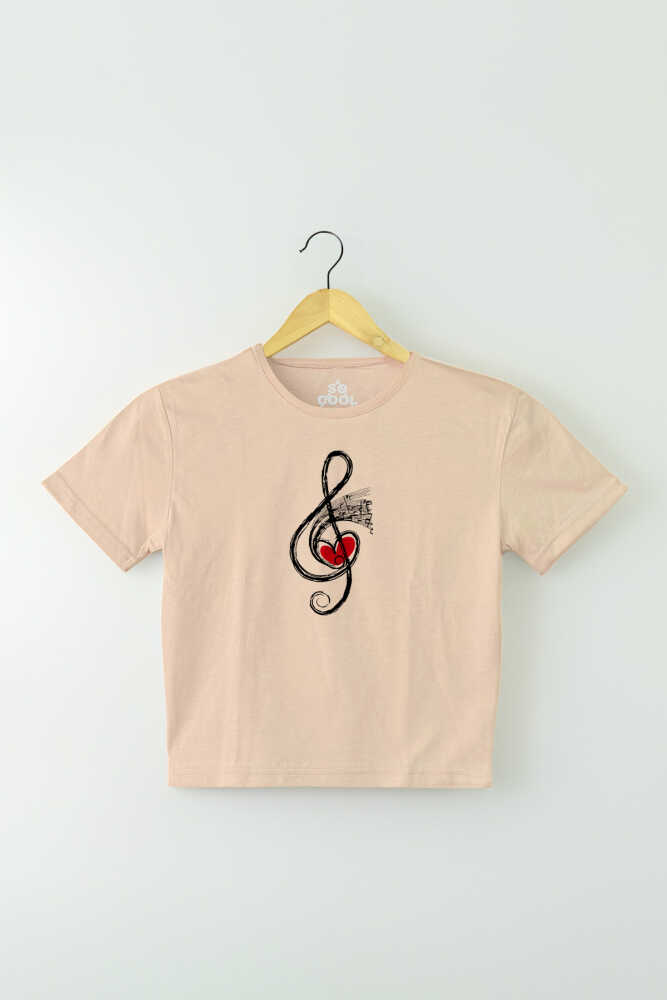 Bej Renk Müzik Nota Sol Anahtarı Music Baskılı Kadın Crop Tişört Baby Tee