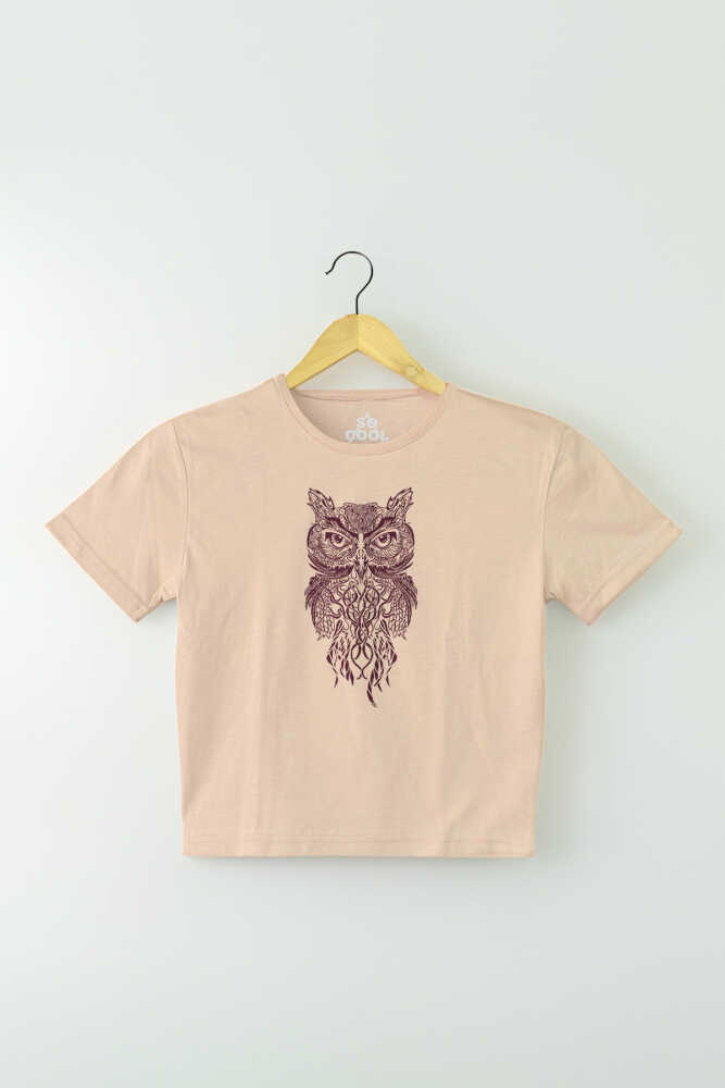 Bej Renk Owl Baykuş Design Baskılı Kadın Crop Tişört Baby Tee