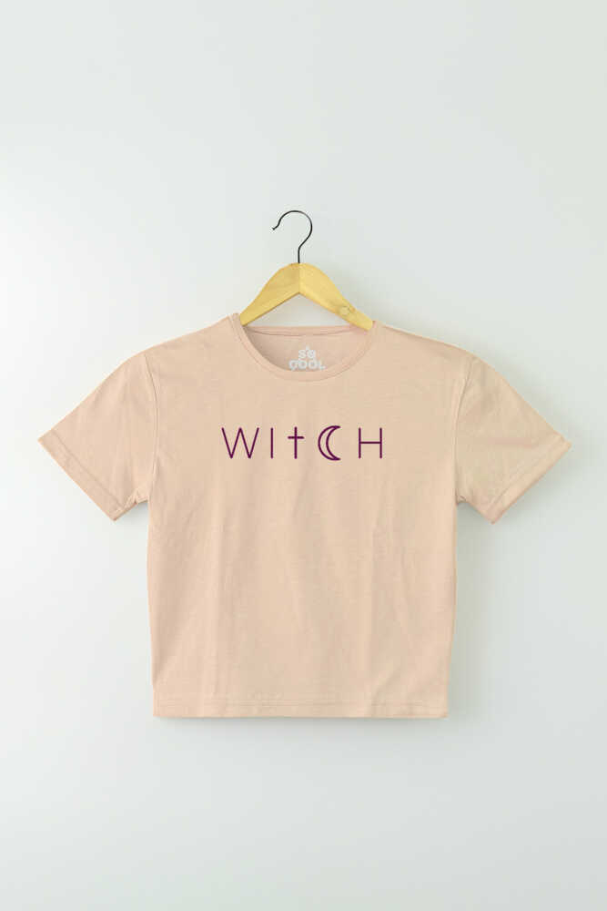 Bej Renk Crop T-shirt Witch Cadı Baskılı Kadın Tişört Baby Tee