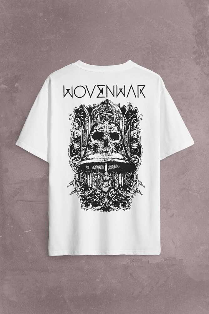 Ben Sahar Behemoth Metal Rock Kuru Kafa Skull Sırt Ön Baskılı Beyaz Oversize Tişört Unisex (1)