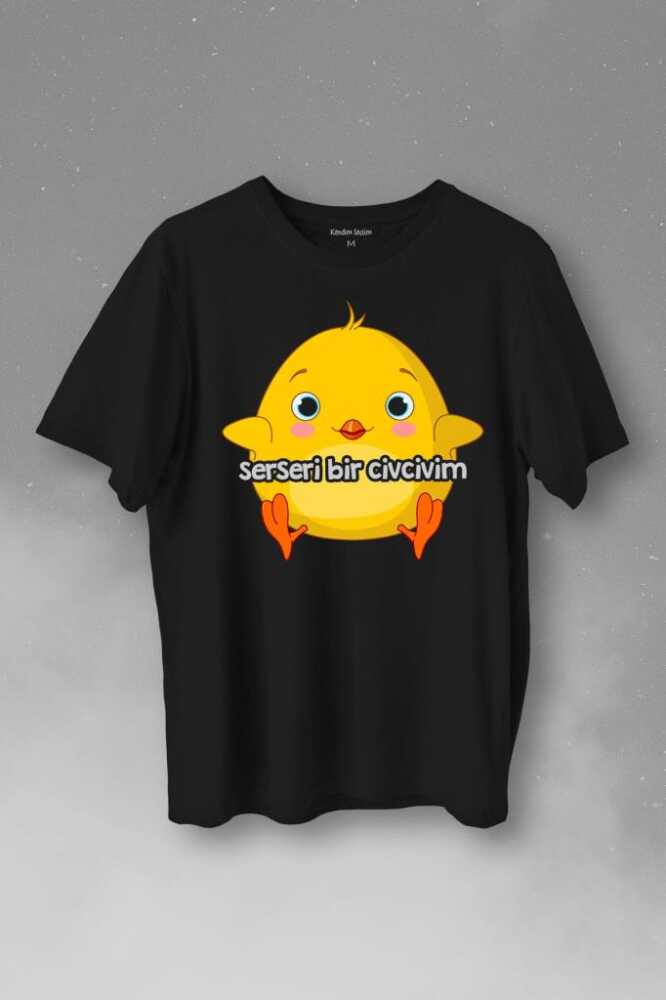 Ben Serseri Bir Civcivim Tavuk Sarı Civciv Baskılı Siyah Tişört Unisex