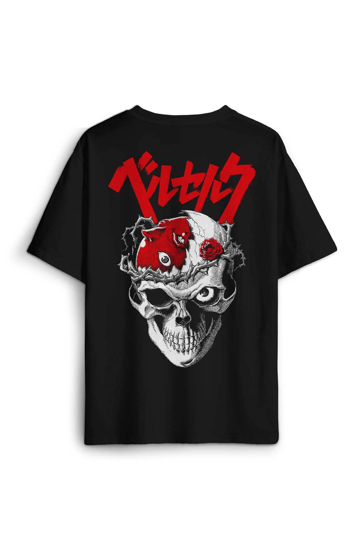 Berserk Anime Kuru Kafa Skull Kılıç Ve Büyü Guts Baskılı Oversize T-shirt Siyah Unisex Tişört