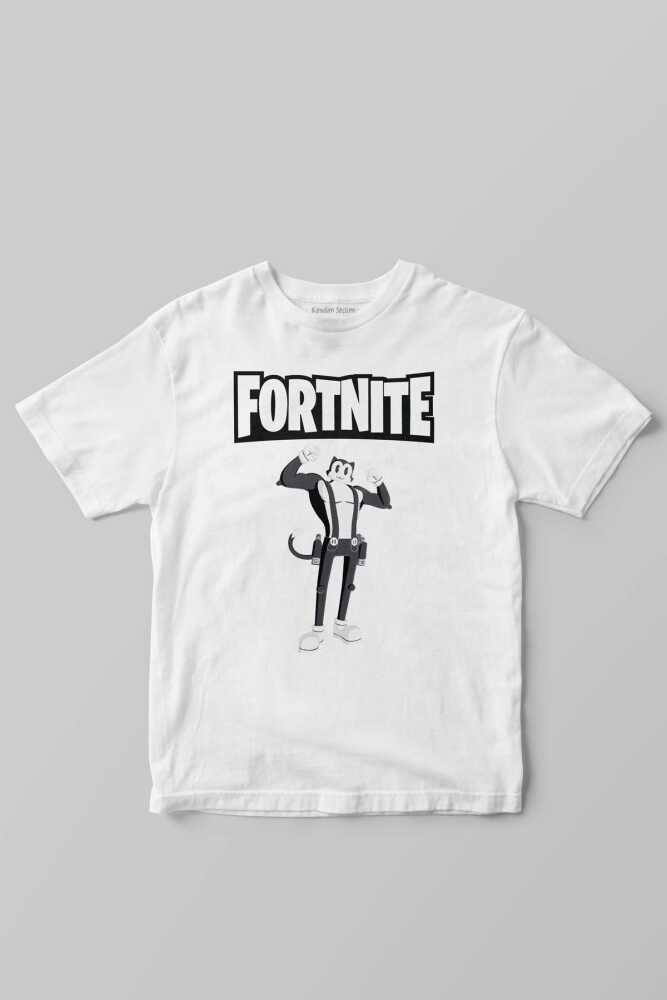 Beyaz Fortnite Kedi Çizgi Tehlikeli Battle Royale Warrior Baskılı Çocuk Tişört