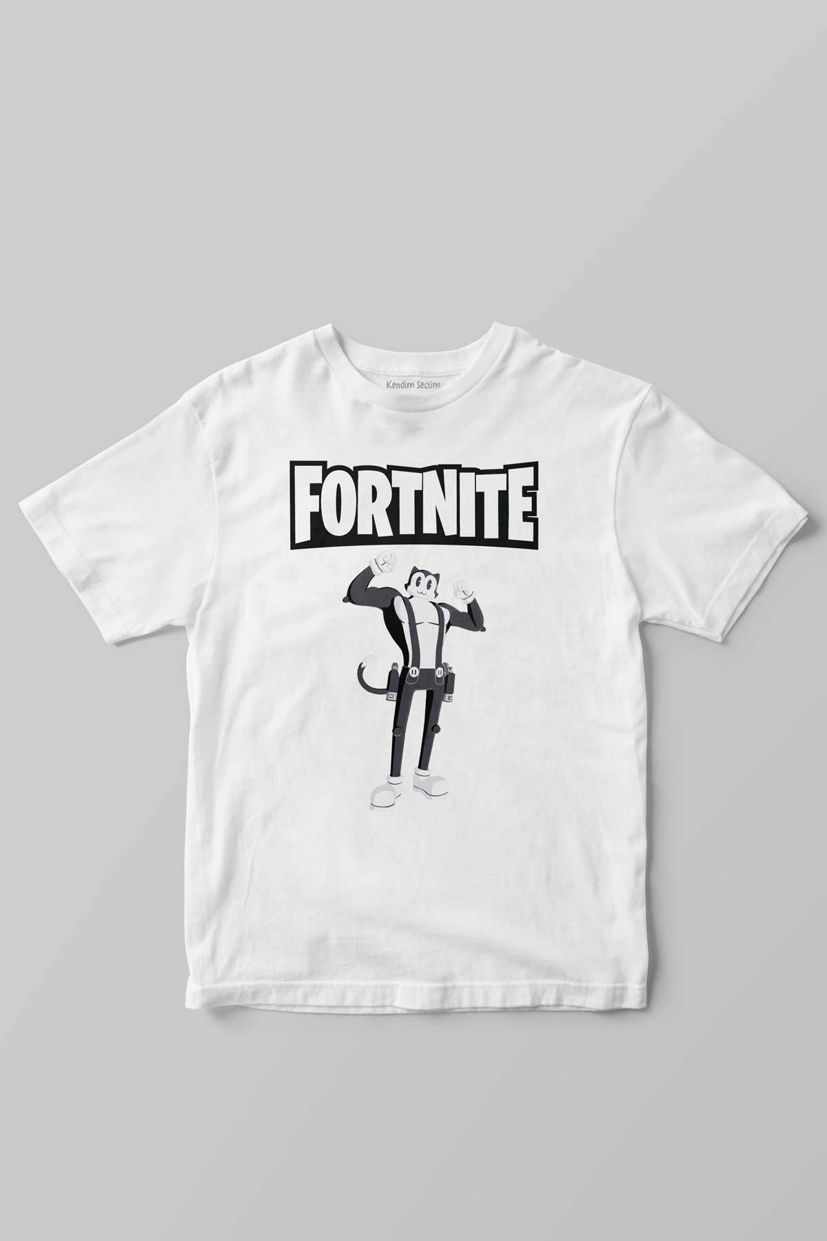 Beyaz Fortnite Kedi Çizgi Tehlikeli Battle Royale Warrior Baskılı Çocuk Tişört