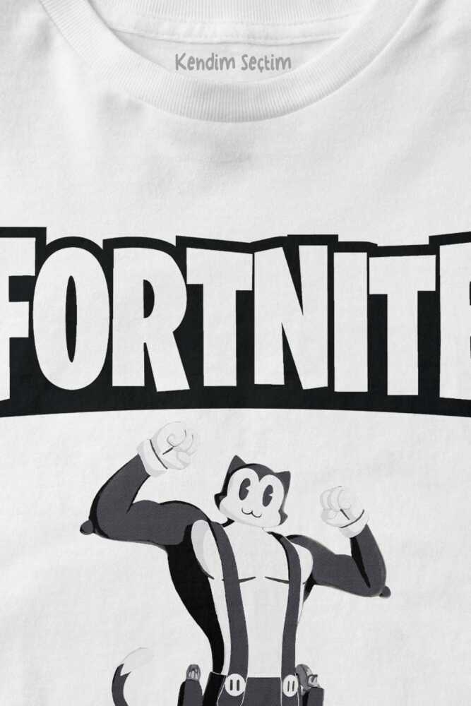 Beyaz Fortnite Kedi Çizgi Tehlikeli Battle Royale Warrior Baskılı Çocuk Tişört (1)