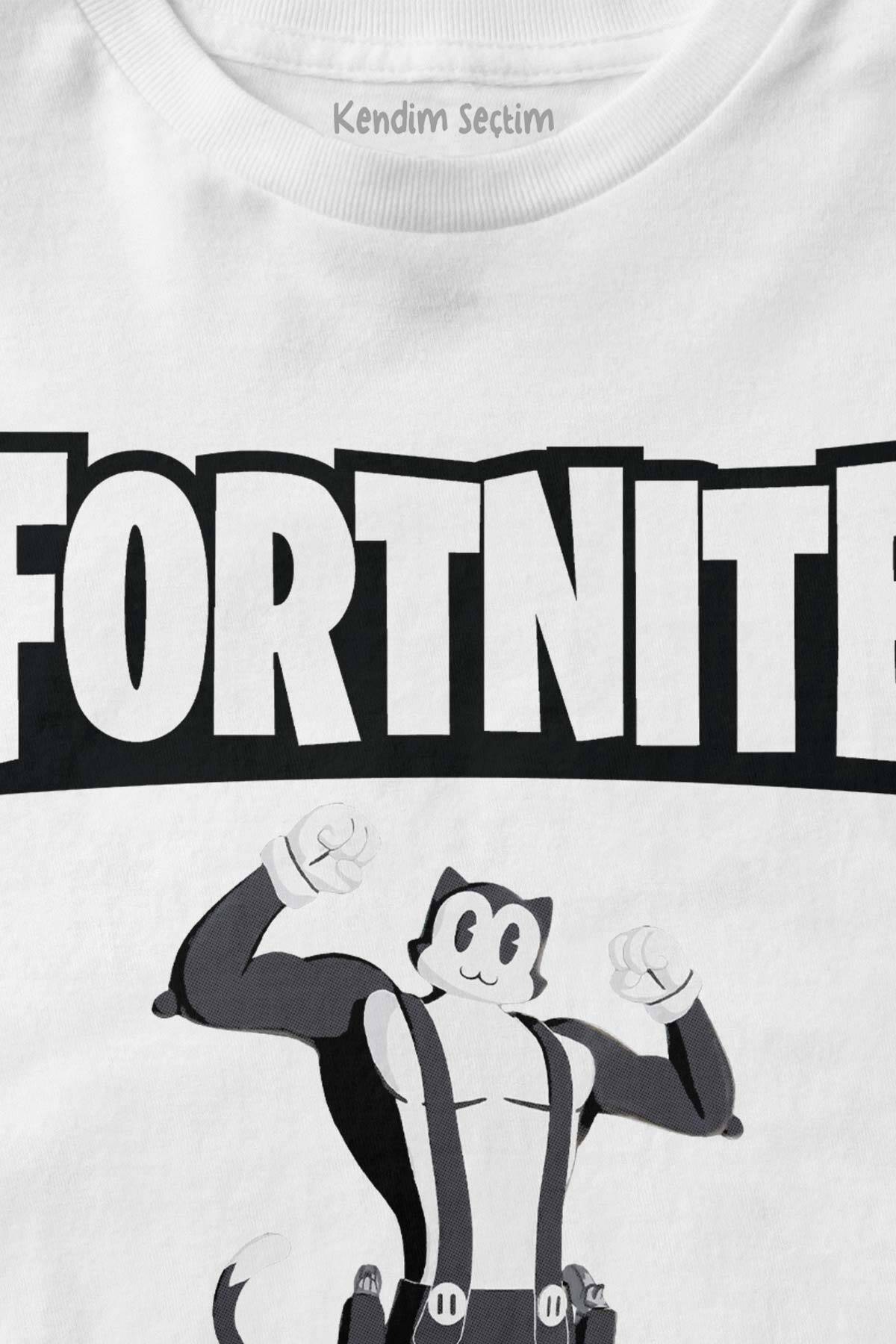 Beyaz Fortnite Kedi Çizgi Tehlikeli Battle Royale Warrior Baskılı Çocuk Tişört (1)