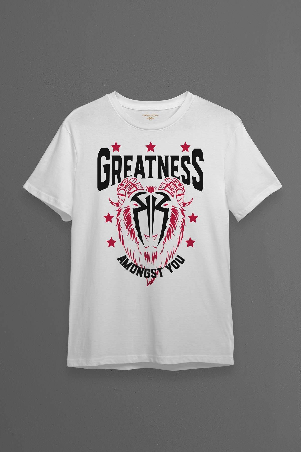 Beyaz Erkek Tişört Greatness Roman Reigns Gym Spor Fitness Baskılı