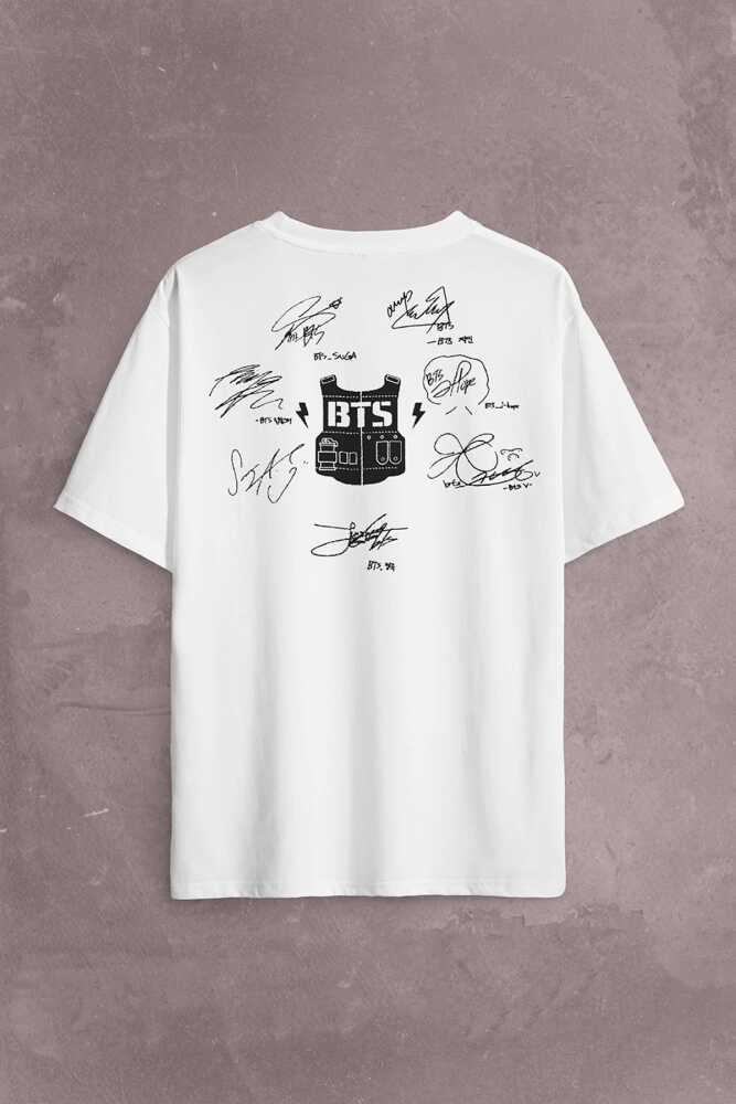Bts Bangtan Signature İmza Sırt Ön Baskılı Beyaz Oversize Tişört Unisex (1)