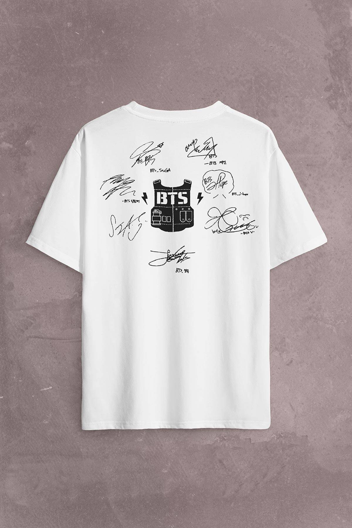 Bts Bangtan Signature İmza Sırt Ön Baskılı Beyaz Oversize Tişört Unisex (1)