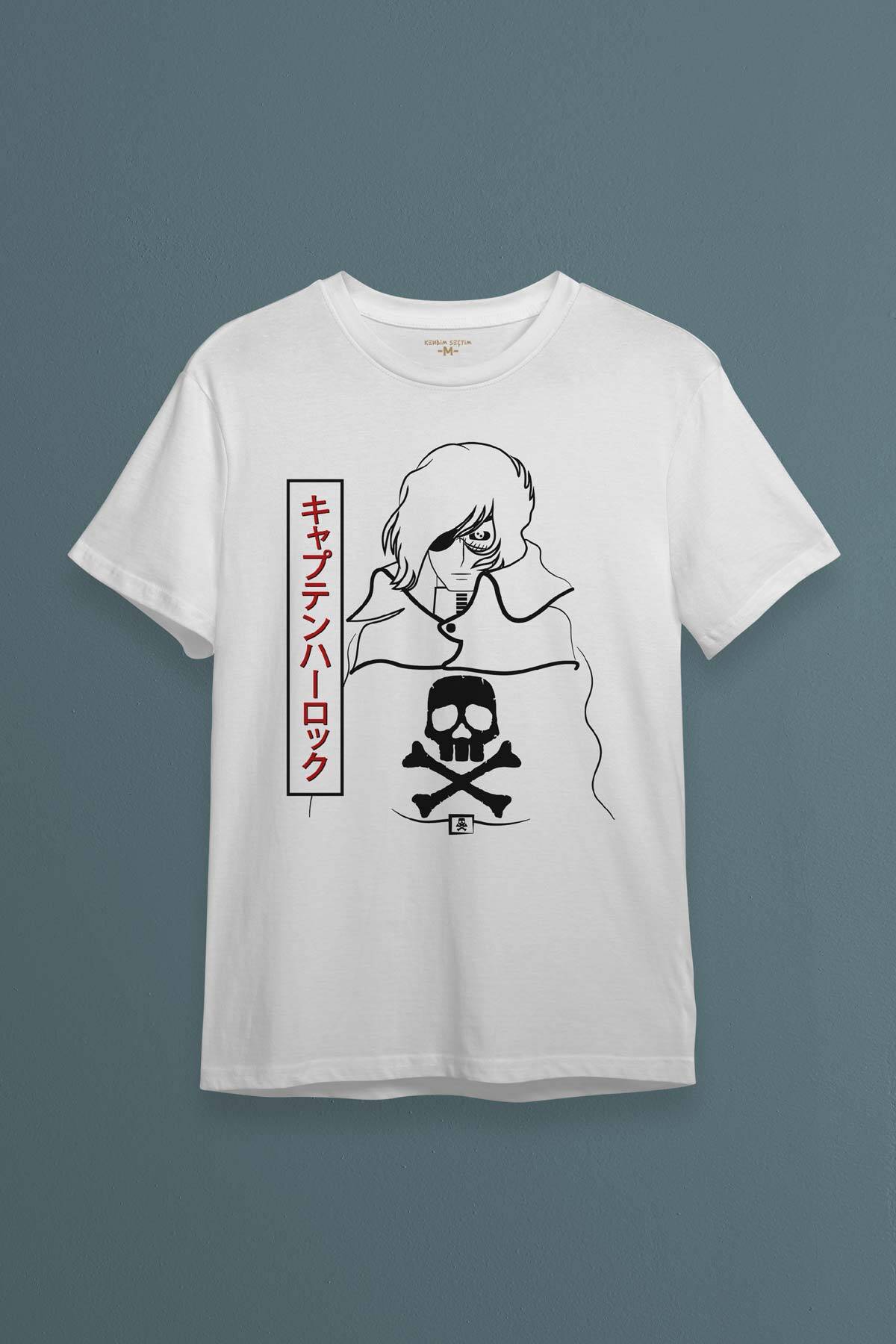 Beyaz T-shirt Captain Harlock Anime Retro Uzay Korsanı Baskılı Unisex Tişört