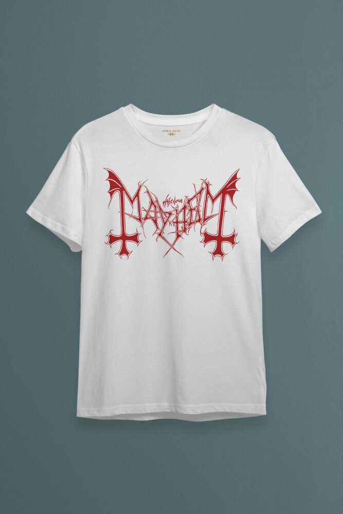 Beyaz Tişört Black Metal Mayhem Music Rock Pamuklu Unisex