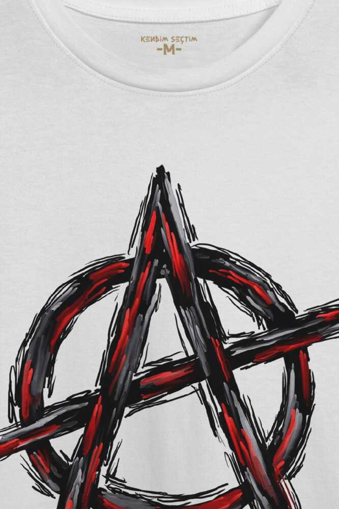 Beyaz Tişört Vintage Logo Anarchy Symbol Anarşi Retro Baskılı Unisex T-shirt (1)