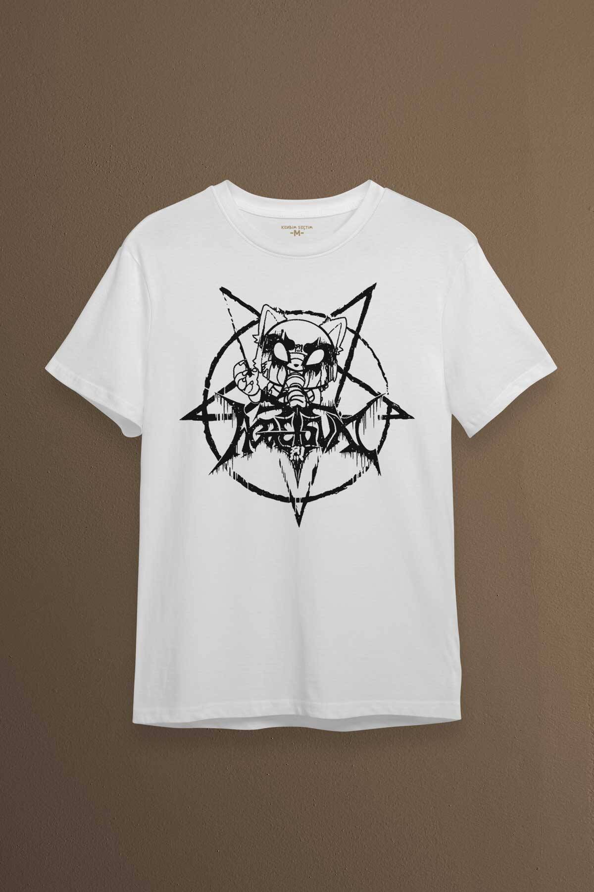Beyaz Unisex Aggretsuko Agresif Retsuko Gotik Japon Anime Manga Metal Gothic Baskılı T-shirt