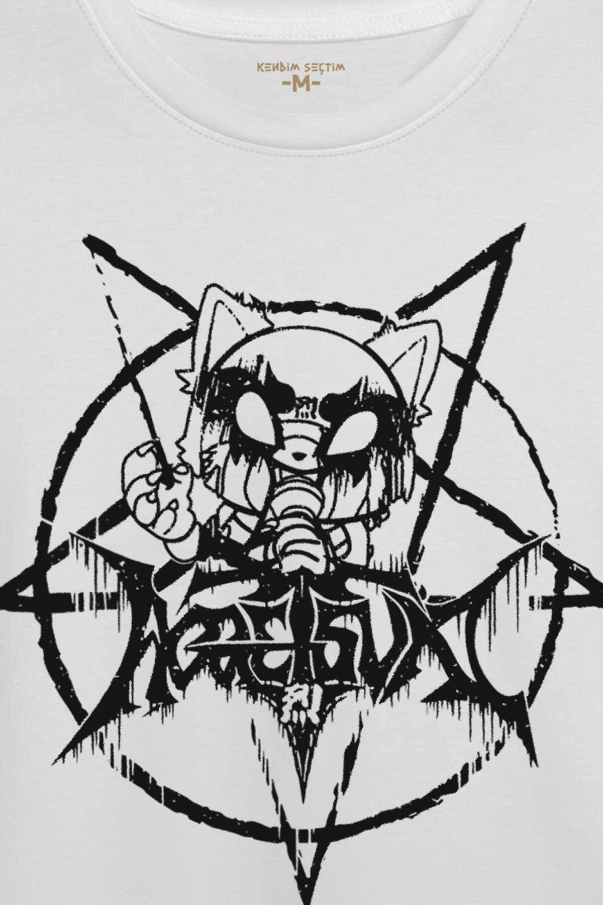 Beyaz Unisex Aggretsuko Agresif Retsuko Gotik Japon Anime Manga Metal Gothic Baskılı T-shirt (1)