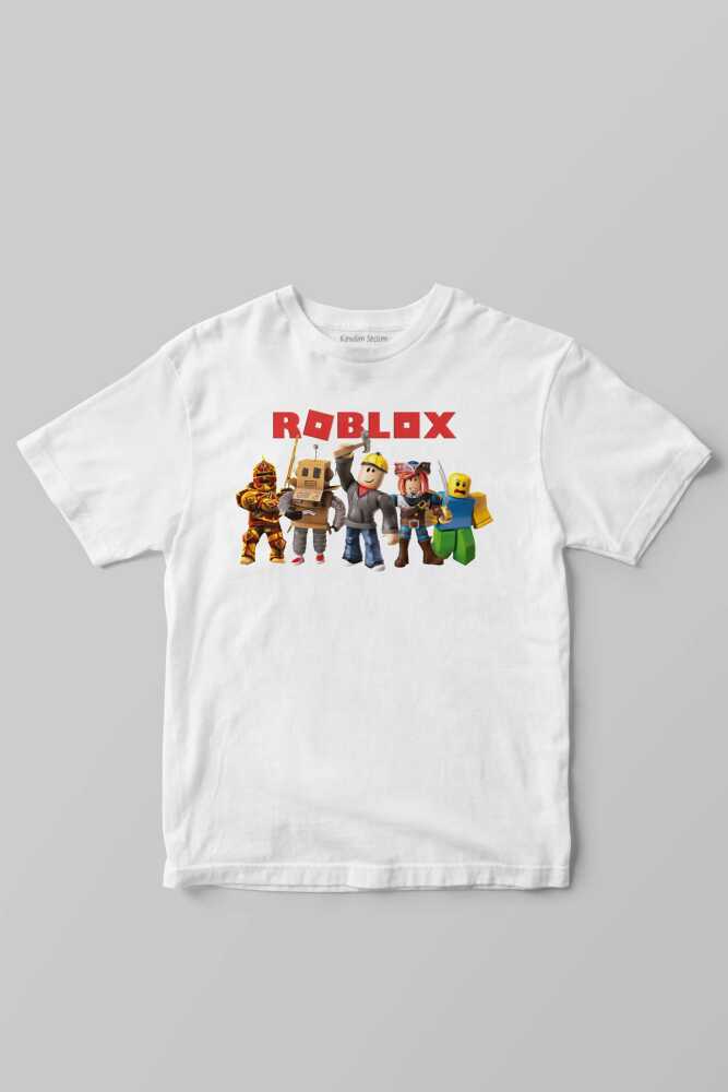 Beyaz Unisex Roblox Oyun Dünyası Temalı Baskılı Çocuk Tişört
