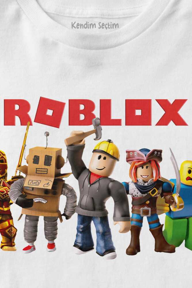 Beyaz Unisex Roblox Oyun Dünyası Temalı Baskılı Çocuk Tişört (1)