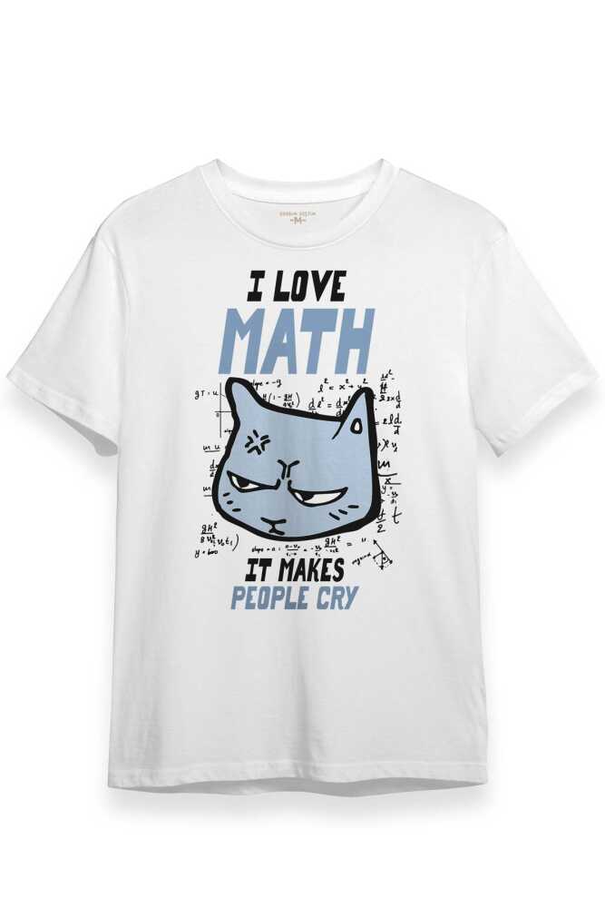 I Love Math Matematik Formül Kedi Beyaz Unisex Tişört