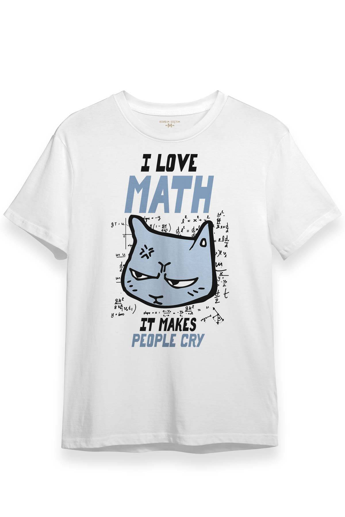 I Love Math Matematik Formül Kedi Beyaz Unisex Tişört
