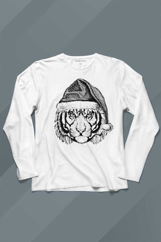 Beyaz Uzun Kollu Unisex Tişört Noel Şapkalı Kaplan Tiger Wild Cat Yılbaşı Christmas