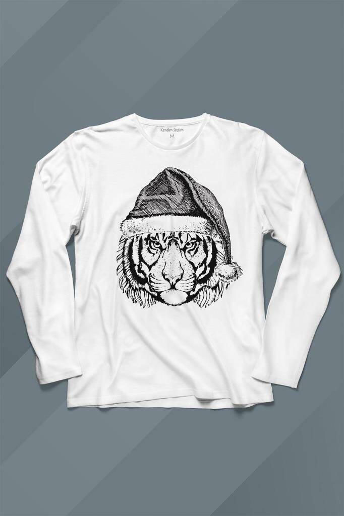 Beyaz Uzun Kollu Unisex Tişört Noel Şapkalı Kaplan Tiger Wild Cat Yılbaşı Christmas - 1