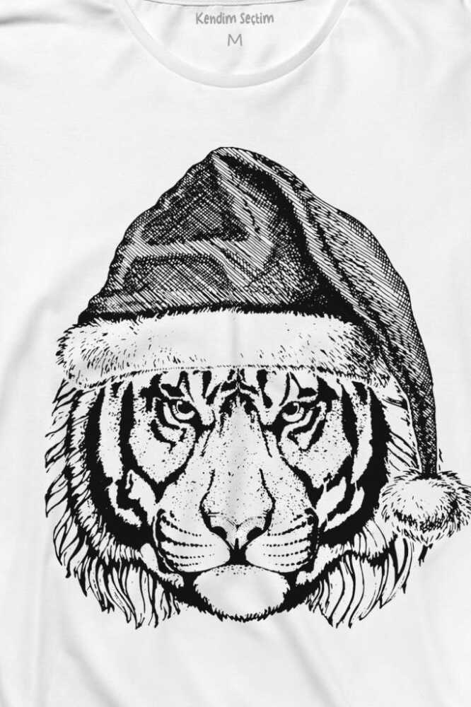 Beyaz Uzun Kollu Unisex Tişört Noel Şapkalı Kaplan Tiger Wild Cat Yılbaşı Christmas (1)