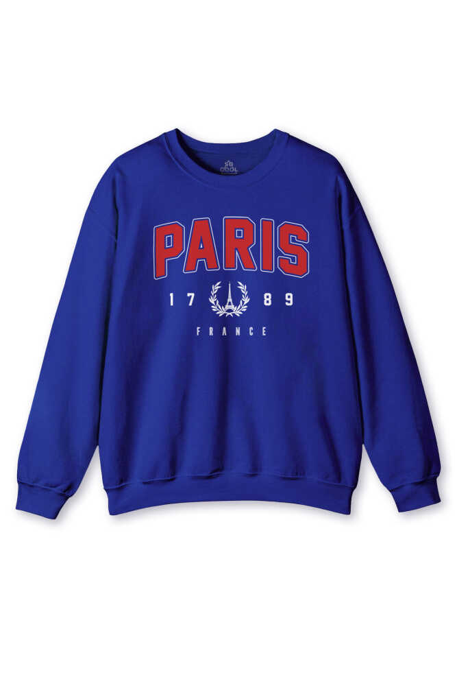 France Paris Fransa Baskılı Mavi Yumuşak Bisiklet Yaka Sweatshirt
