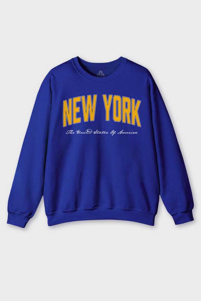 New York Yazılı America Şehir Baskılı Mavi Bisiklet Yaka Sweatshirt