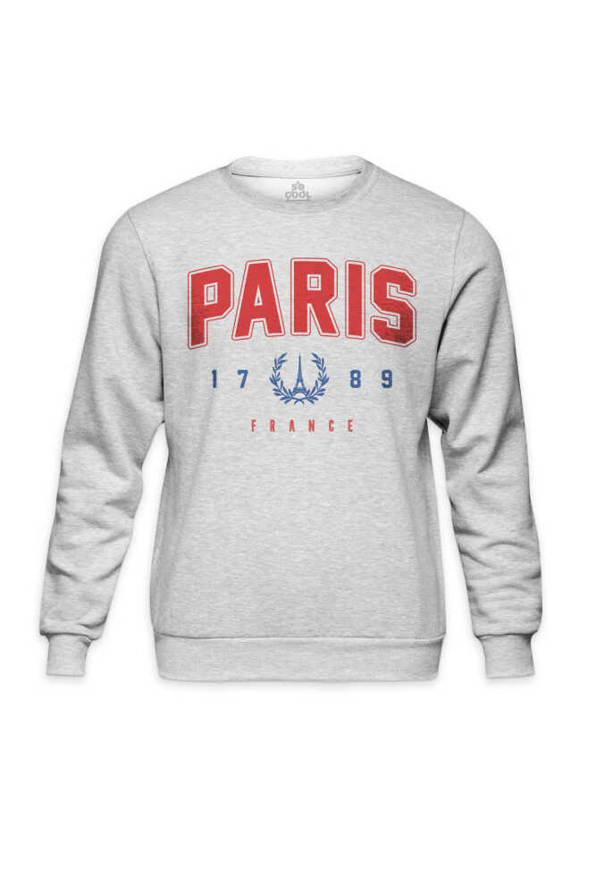 Paris France 1789 Fransa Yazı Baskılı Gri Bisiklet Yaka Sweatshirt