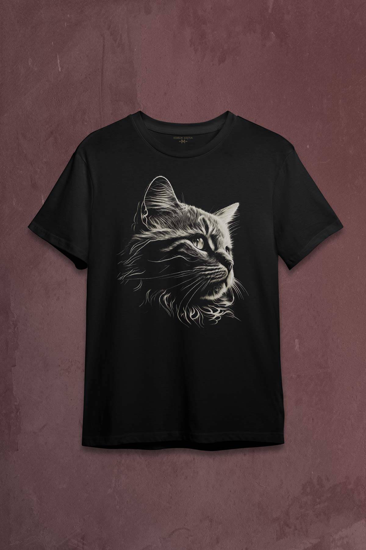 Bıyıklı Kedi Minimal Çizim 3D Efektli Realist Sepya Siyah Baskılı Tişört Unisex - 1