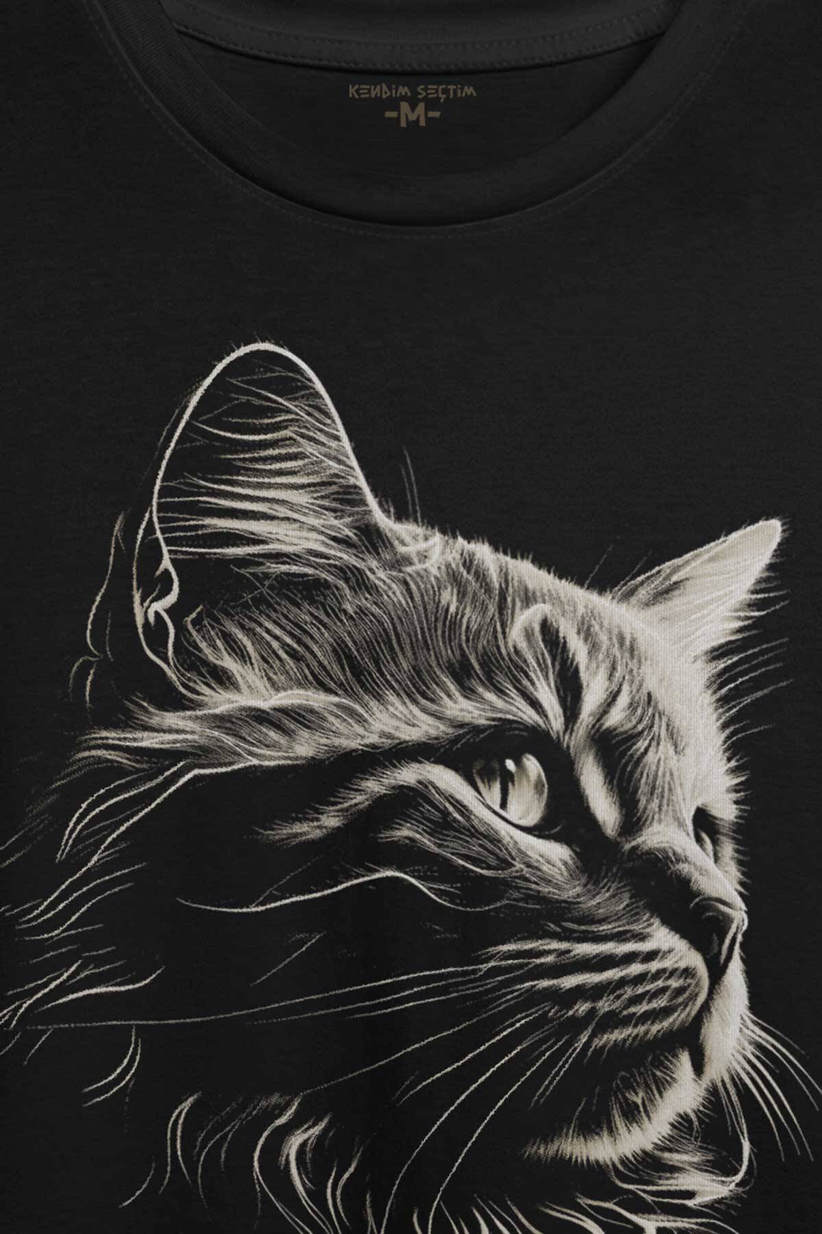 Bıyıklı Kedi Minimal Çizim 3D Efektli Realist Sepya Siyah Baskılı Tişört Unisex - 2