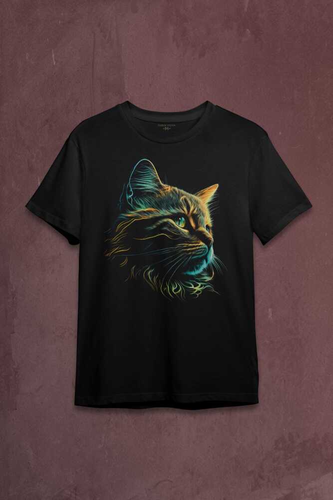 Bıyıklı Kedi Minimal Çizim 3D Efektli Realist Siyah Baskılı Tişört Unisex
