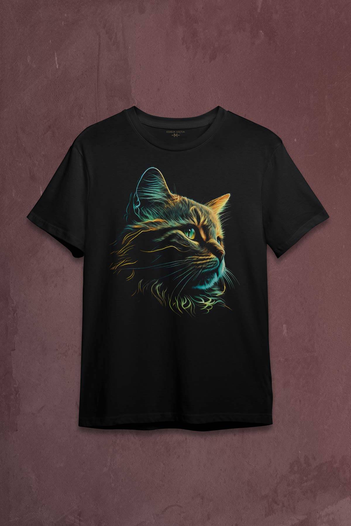 Bıyıklı Kedi Minimal Çizim 3D Efektli Realist Siyah Baskılı Tişört Unisex - 1
