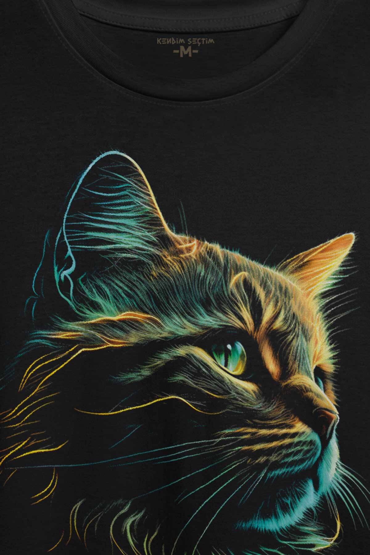 Bıyıklı Kedi Minimal Çizim 3D Efektli Realist Siyah Baskılı Tişört Unisex - 2