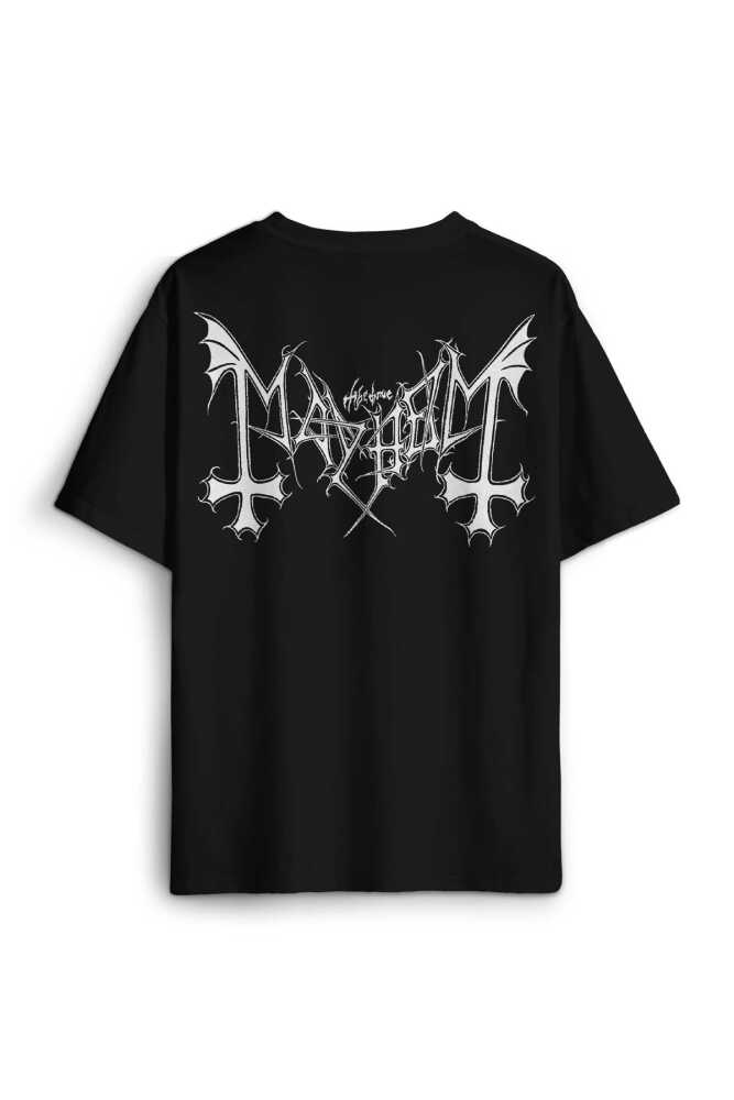 Black Metal Mayhem Music Rock Pamuklu Baskılı Oversize Siyah Unisex Tişört